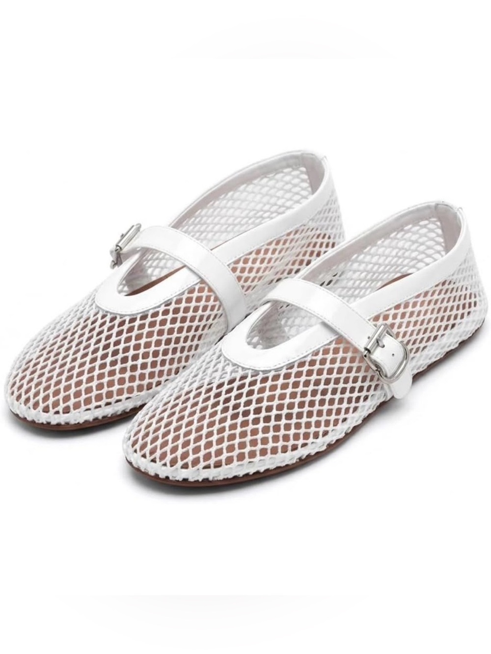 Women’s White Mesh Mary Jane Flats with Buckle Strap - US Size 9